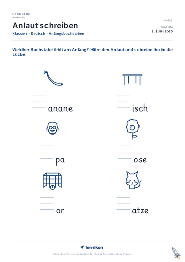 Beispiel: Anlaut schreiben Arbeitsblatt