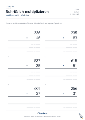 Beispiel: Schriftliche Multiplikation Arbeitsblatt