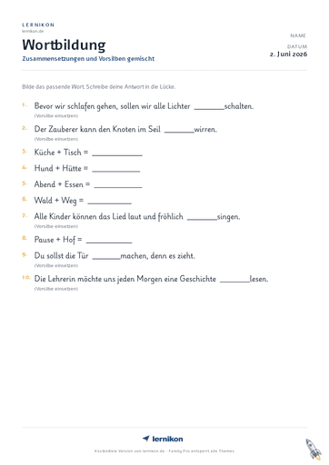 Beispiel: Wortbildung Arbeitsblatt
